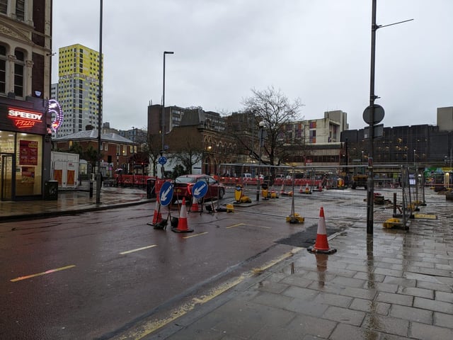 Construction underway outside Portsmouth and Southsea railway station.