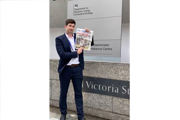 News reporter Tom Cotterill takes a copy of the paper to Westminster to present to the Department for Business, Energy and Industrial Strategy in opposition to the Aquind interconnector plan