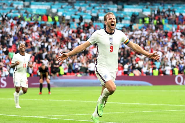 LONDON, ENGLAND - JUNE 29: Harry Kane of England celebrates after scoring their side's second goal during the UEFA Euro 2020 Championship Round of 16 match between England and Germany at Wembley Stadium on June 29, 2021 in London, England. (Photo by Catherine Ivill/Getty Images)