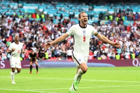 LONDON, ENGLAND - JUNE 29: Harry Kane of England celebrates after scoring their side's second goal during the UEFA Euro 2020 Championship Round of 16 match between England and Germany at Wembley Stadium on June 29, 2021 in London, England. (Photo by Catherine Ivill/Getty Images)