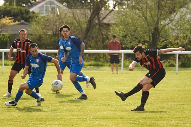 George Gregory fires in a shot during Fleetlands' win against Sway.
Picture: Keith Woodland