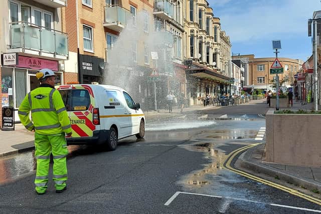 Burst water pipe in Palmerston Road South in Southsea on June 2, 2021. Picture by Fiona Callingham