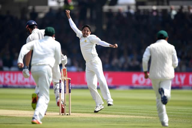 Mohammad Abbas celebrates dismissing Alastair Cook on his way to winning the man of the match award at Lord's in may 2018. Photo by Gareth Copley/Getty Images.