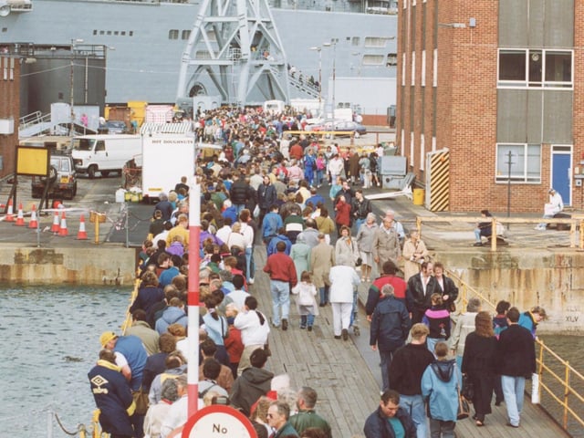 It's a long long way to the Ark Royal. A massive queue winds itself to the most popular ship open to visitors at Portsmouth Navy Days in 1992.  Picture: (2274-4)