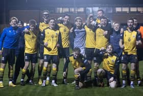 Baffins Milton Rovers players after beating Andover Town to reach the Wessex League Cup final. Picture by Simon Hill