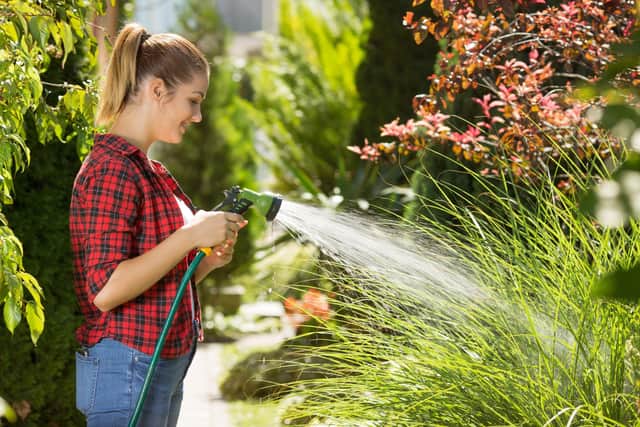 A young woman watering the garden with hose pipe Picture posed by model - Shutterstock
