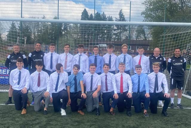 Horndean Red. Back (from left): Jason Harris (manager), Genn Mees (goalkeeping coach), Josh Barnden, Owen Perkins, Lewis Mees, Evan Harris, Taylor Crook, Marvin Meal, Mackenzie Morgan, David Brownlie (coach), Neil Perkins (coach). Front: Joe Warren, Angelo Harris, Max Innalls, Mason Garvey, Alfie Stone, Spencer Luff, Zac Brownlie, Lawrence Cooper, Will Hall.