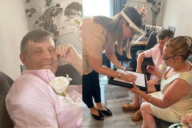 Jonathan Allison, left, who has terminal brain cancer, marries his partner of 40 years Jane Picture: Sasha Clarke