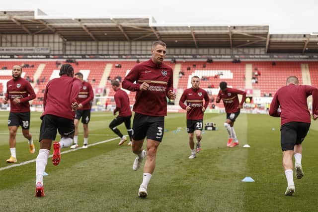 The Pompey players warm up ahead of today's game at Rotherham.  Picture: Daniel Chesterton/phcimages.com