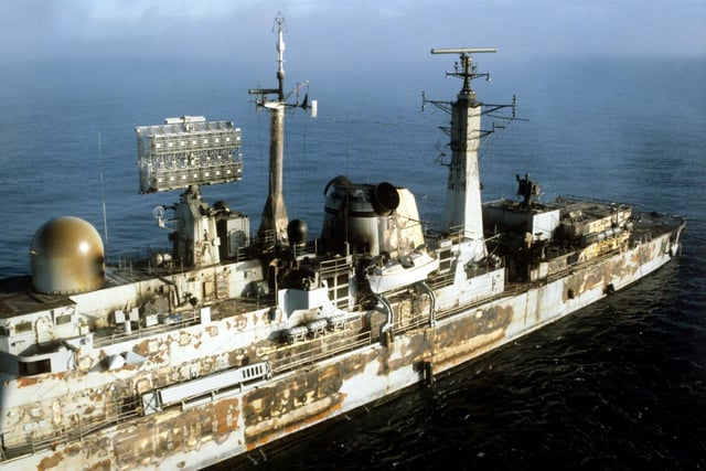 1st May 1982. The charred remains of HMS Sheffield after being hit by an Argentine Exocet missile on 4th May. The ship then sank on 10th May while being towed to safe water outside the total exclusion zone in the south Atlantic. PRESS ASSOCIATION photo. Issue date: Sunday March 25, 2007. The 25th anniversary of the invasion of the Falkland Islands by Argentina will take place on April 2, 2007. See PA Story WAR Falklands. Photo Credit should read: Martin Cleaver/PA Wire.
