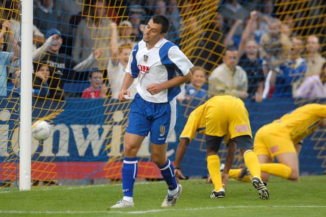 Svetoslav Todorov celebrates scoring for Pompey in thier defeat to the Hawks. Picture: Mick Young