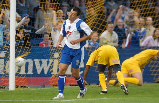 Svetoslav Todorov celebrates scoring for Pompey in thier defeat to the Hawks. Picture: Mick Young