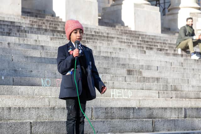 Sakina Yousif (11) speaking at the demonstration. Picture: Mike Cooter (051121)