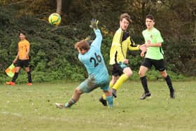 Hatton Rovers (yellow) score in their 3-1 Division 5 victory over Fratton Trades Reserves. Picture  by Kevin Shipp