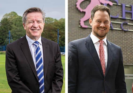 Pompey CEO Andy Cullen, left, and Stephen Morgan MP