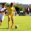 Gosport midfielder Danny Hollands, right, was sent off for two bookings at Hendon. Picture by Tom Phillips