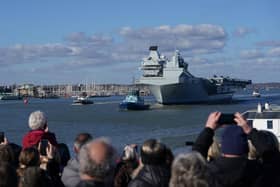 Royal Navy aircraft carrier HMS Prince of Wales setting sail from Portsmouth Harbour, embarking to lead the UK Carrier Strike Group on Exercise Steadfast Defender. PIC: Gareth Fuller/PA Wire