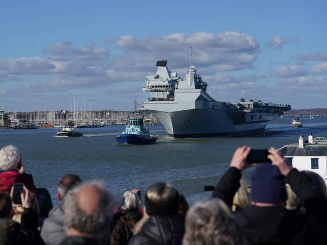 Royal Navy aircraft carrier HMS Prince of Wales setting sail from Portsmouth Harbour, embarking to lead the UK Carrier Strike Group on Exercise Steadfast Defender. PIC: Gareth Fuller/PA Wire