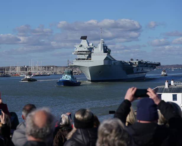 Royal Navy aircraft carrier HMS Prince of Wales setting sail from Portsmouth Harbour, embarking to lead the UK Carrier Strike Group on Exercise Steadfast Defender. PIC: Gareth Fuller/PA Wire