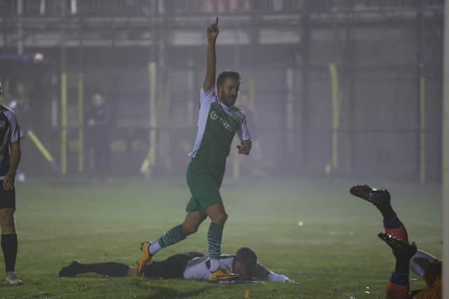 Dec Seiden celebrates his first goal of the season for Moneyfields at Alresford. Picture by Dave Bodymore.