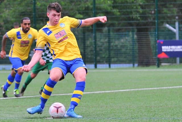 Bayley Whitcombe about to put Meon 2-1 up against Mob Albion from the penalty spot. Picture: Martyn White
