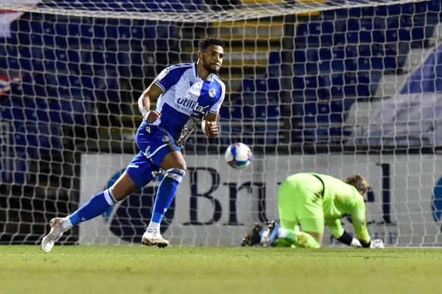 Jonah Ayunga celebrates his second goal against Pompey. Pic: Graham Hunt, Pro Sports Images.