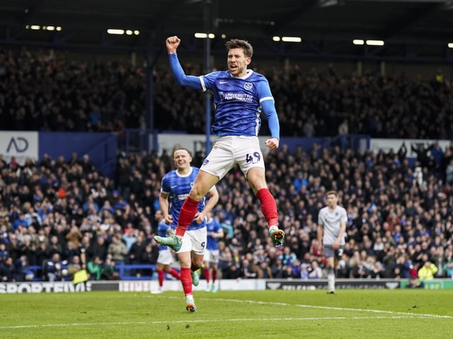 Callum Lang celebrates scoring against Reading at Fratton Park in February 2024. Picture: Jason Brown/ProSportsImages