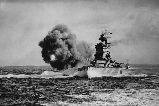 The Royal Navy Nelson-class battleship HMS Nelson, named after Horatio, fires a full broadside with her nine16-inch (406 mm) guns known as Happy, Grumpy, Sneezy, Dopey, Sleepy, Bashful, Doc, Mickey and Minnie after the characters in the film Snow White whilet on operations in the Mediterranean as part of Force H on August 1, 1942, in the Mediterranean near Gibraltar. Picture: Keystone/Getty.