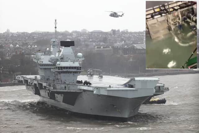 Aircraft carrier HMS Prince of Wales has arrived in Liverpool in a demonstration in February 2020 and, inset, a picture of the flood in the ship's engine room in October.