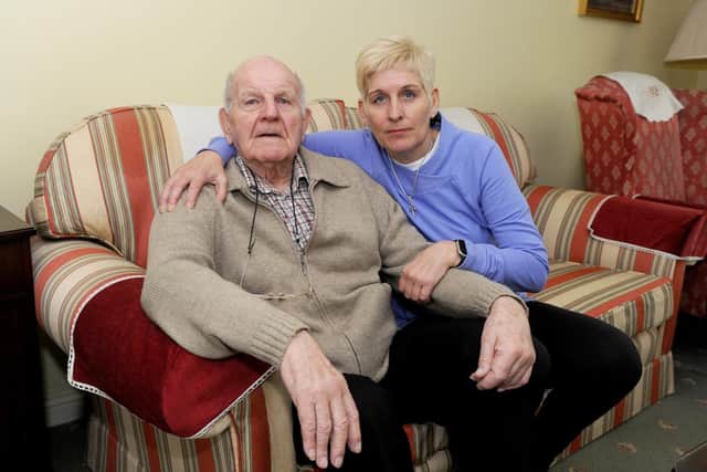 Janet Thorpe, 55, with her dad Sydney Gill, 85 who has dementia and was mis-sold a top-end Virgin Media TV and internet after ignoring warnings of his condition. Picture: Sarah Standing (280220-9110)