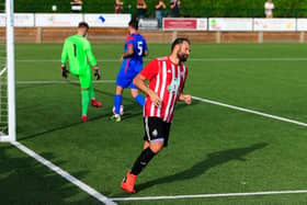 Brett Pitman has just converted one of his two second-half penalties against Fareham. Picture by Ken Walker