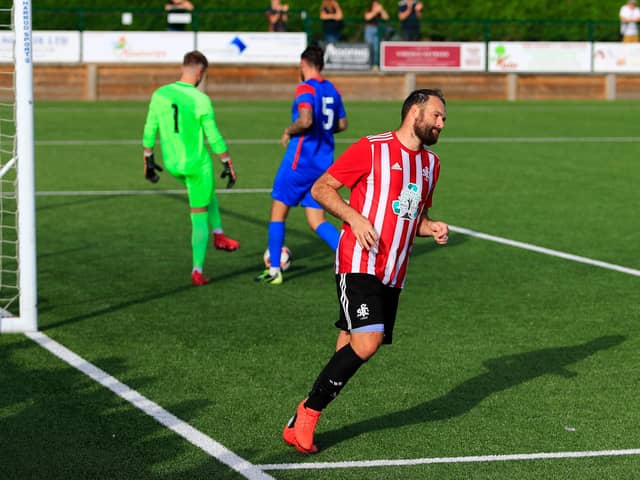 Brett Pitman has just converted one of his two second-half penalties against Fareham. Picture by Ken Walker