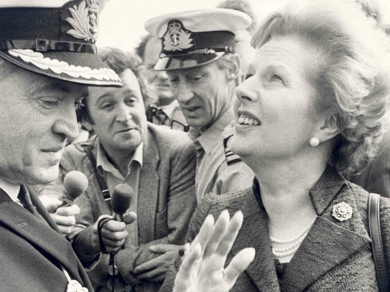 Home coming. Margaret Thatcher on board HMS Hermes returning from the Falklands