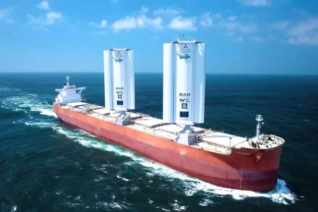 Undated handout photo issued by Cargill of the cargo ship Pyxis Ocean which has been retrofitted with WindWings, to save fuel on its journey from China to Brazil. Designed by a team of British Olympic sailors under BAR Technologies and built by Yara Marine Tech, the WindWings are expected to save up to 30% of shipping fuel on average, although they cannot be fitted onto every ship, such as those loaded with containers or on routes with little wind. Issue date: Monday August 21, 2023. PA Photo. See PA story ENVIRONMENT Shipping. Photo credit should read: Cargill/PA Wire 

NOTE TO EDITORS: This handout photo may only be used in for editorial reporting purposes for the contemporaneous illustration of events, things or the people in the image or facts mentioned in the caption. Reuse of the picture may require further permission from the copyright holder.