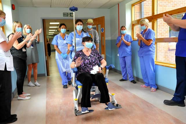 Coronavirus patient, Donna Morgan, who was in a coma for weeks is discharged from St Richard's Hospital Chichester. Picture Steve Robards