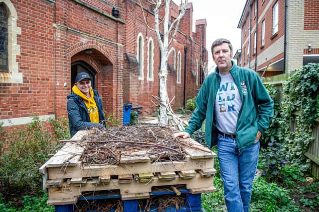 Re-wilding agenda - looking at how Portsmouth and other areas have embraced the movement to reintroduce wildlife to areasPictured:  Fran Carabott, Pioneer minister and Wild Communities officer, Andy Ames near a Bug Hotel outside St Margaret s Church, Highlands Road, Portsmouth on 30 November 2020.Picture: Habibur Rahman