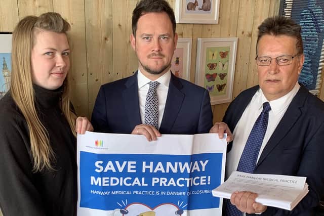 (l-r) Sophie Furmedge from Lalys Pharmacy with Stephen Morgan MP, who is also councillor for Charles Dickens Ward, and Mr Baldev Laly 