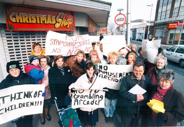 A protest regarding an arcade on corner of Gladys Avenue, North End in March 1996 PP154