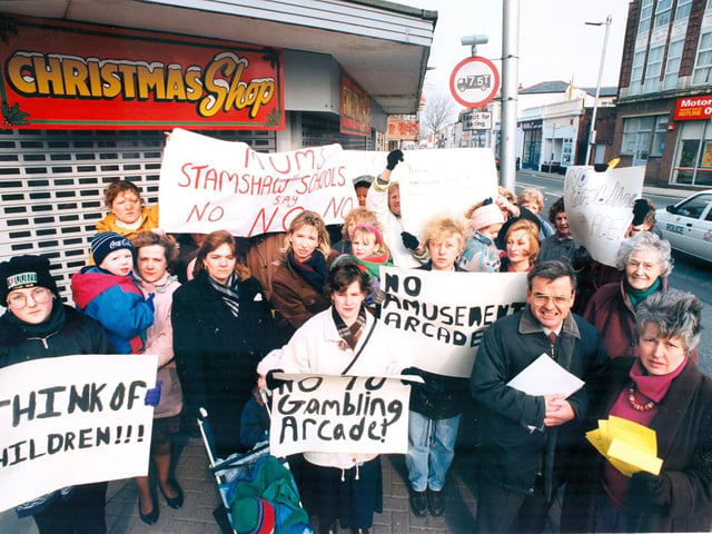 A protest regarding an arcade on corner of Gladys Avenue, North End in March 1996 PP154