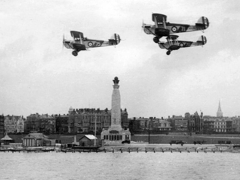 Three Blackburn Dart carrier-based torpedo bombers flying past the Royal Naval War Memorial, Southsea, in the 1920's. Picture: Paul Costen collection