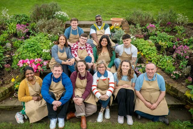 All of the Bake Off contestants from 2023: Saku, Dan, Cristy, Josh, Rowan, Abbi, Amos, Dana, Nicky, Matty, Tasha and Keith.