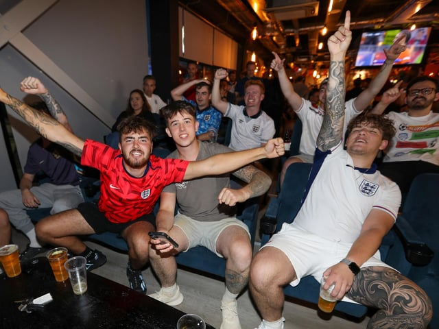 Celebrations at full-time. Fans watch Netherlands v England, UEFA Euros 2024 semi-final played in Dortmund, at Village Hotel, Lakeshore Drive, CoshamPicture: Chris  Moorhouse (100724-096)