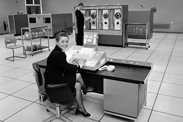 Chief WREN Linda Ollivant at HMS Centurion, the Navy's new computer center at Gosport, UK, 16th October 1970. HMS Centurion is a shore establishment, or 'stone frigate'.  (Photo by C. Woods/Daily Express/Getty Images)