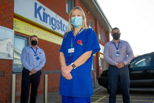 Ex Chief Petty Officer, Ian Cummings, Navy wife-doctor Karen Kidd and ex RAF Sargent, Andy Pearce outside Kingston Crescent Surgery