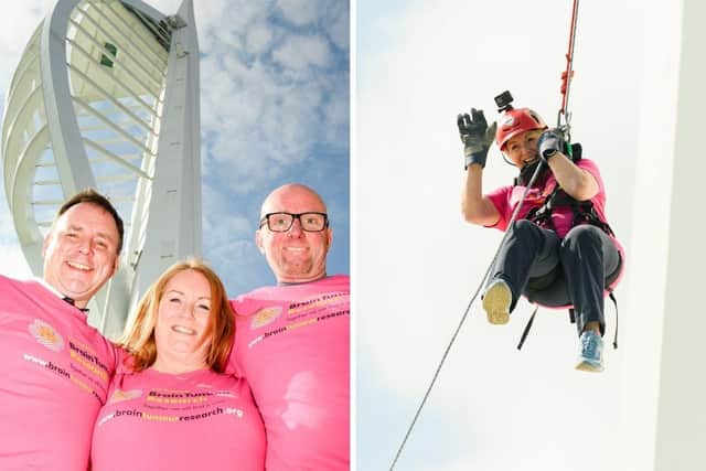 Three inspiring campaigners abseiled down Spinnaker Tower to raise money for the charity Brain Tumour Research on April 22, 2023. Picture: Keith Woodland