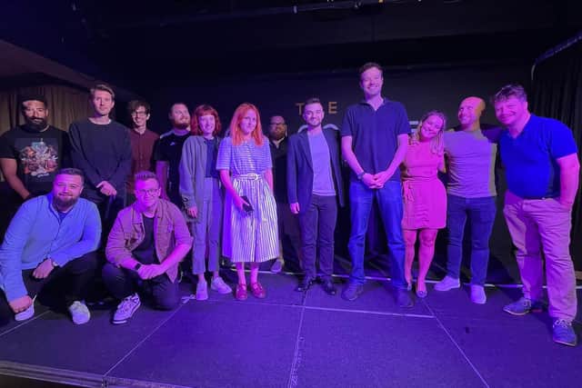 dges and contestants at the Snows Comedy Star 2022 final, held at The Concorde Club at Eastleigh, near Southampton on Thursday.
The winners are Michael Hackett, the tallest in the middle, and Daniel Edison next to him on the left.