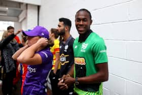 Jofra Archer wearing Southern Brave colours at the official launch of The Hundred last October. Picture: Charlie Crowhurst/Getty Images for ECB.