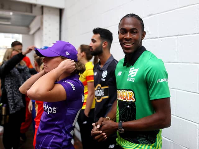 Jofra Archer wearing Southern Brave colours at the official launch of The Hundred last October. Picture: Charlie Crowhurst/Getty Images for ECB.