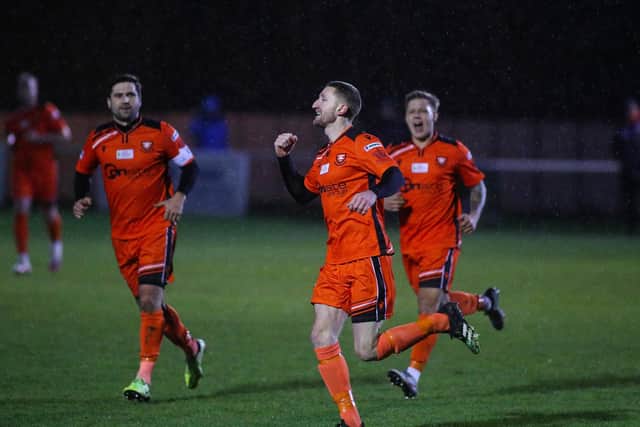 AFC Portchester striker Lee Wort celebrates firing his side ahead against Fareham. Picture: Stuart Martin (220421-7042)