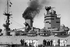 April 1929: The HMS Nelson approaches dock. (Photo by Fox Photos/Getty Images)